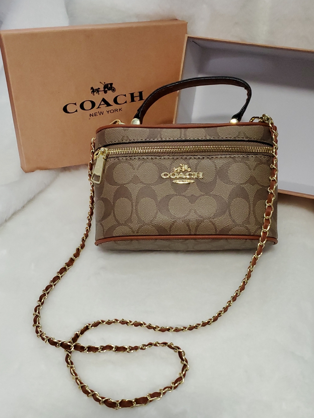 Coach Mini Crossbody Vanity Bag in Khaki and Chestnut with Gold Hardware